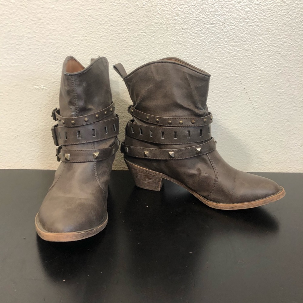 Brown Gray Faux Leather Studded Heeled Ankle Boots